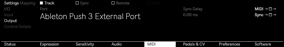 Screenshot of the MIDI preferences on Ableton Push 3 Standalone. The “Output” section is selected, showing “Ableton Push 3 External Port” as the chosen port. Under the available options, only “Track” is enabled, while “Sync” and “Remote” are turned off.