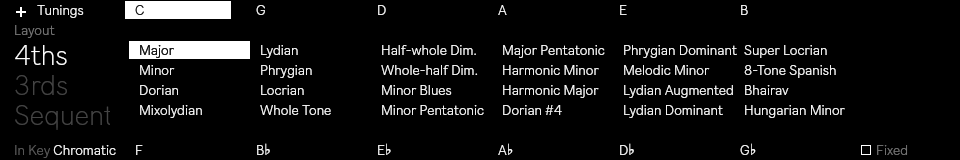 Ableton Push display with the Scale button active. The layout is set to fourths, the key is C, and the selected scale is Major. A list of other available scales appears across the screen, including Minor, Dorian, Mixolydian, Lydian, Phrygian, Locrian, Whole Tone, Pentatonic, Blues, Harmonic Minor, Melodic Minor, and others. The bottom left shows “In Key: Chromatic.” The “Fixed” checkbox in the bottom right is unchecked.