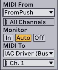 Screenshot of the MIDI I/O Options on a MIDI track in Ableton Live. The dropdown MIDI from is set to From Push, Monitor is set to IN and MIDI to is set to IAC Driver
