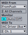 Screenshot of the MIDI I/O Options on a MIDI track in Ableton Live. The dropdown MIDI from is set to From Push, Monitor is set to IN and MIDI to is set to IAC Driver