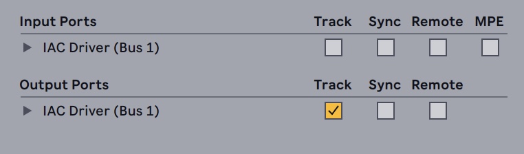 Screenshot of the MIDI Tab preferences in Ableton Live.