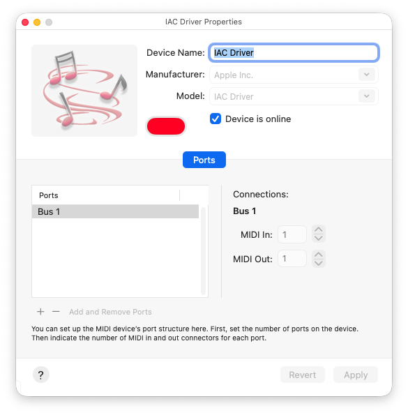 Screenshot of the IAC Driver window. The option Device is online is selected